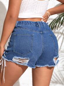 SHEIN SXY Plus Size Frayed Hem Denim Shorts With Distressed Details And Side Crisscross Tie Bands - Blue - View 2