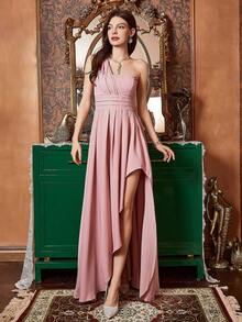 Vestidos De Dama De Honor Con Un Solo Hombro Con Abertura Y Pliegues En El Muslo - Rosa - Ver 5