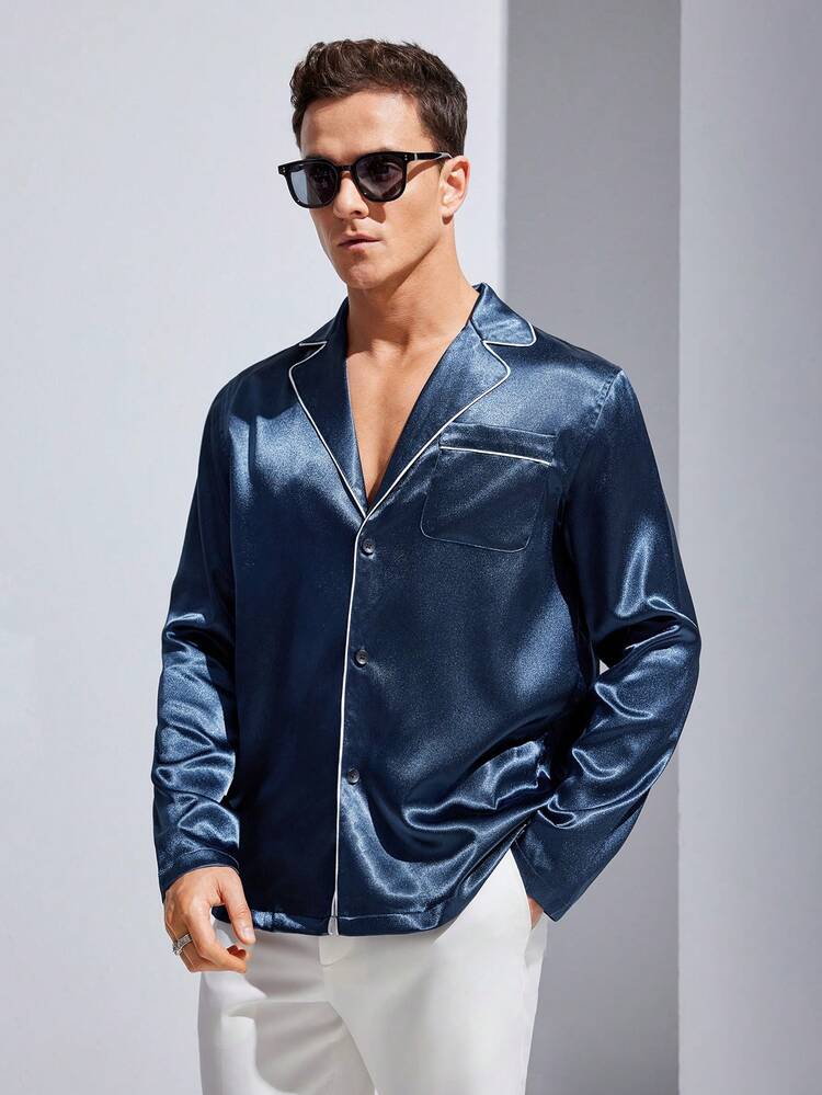 Men's Casual Long Sleeve Woven Shirt With Color Block & Contrast Trim