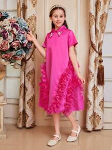 SHEIN Leap Crew 少女寬鬆、可愛、優雅、華麗的立領a字型中長裙 - 玫紅色 - 查看 6