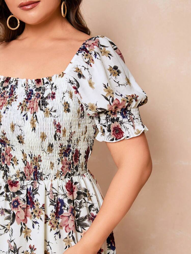 Plus Size Square Neck Floral Printed Cinching Waist Dress