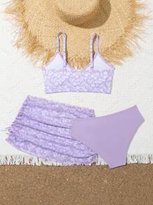 Tween Girl Cute 3pcs Purple Ditsy Floral Bikini Set(Random Print) With Cover Up Skirt, Bathing Suit Beach Outfit Summer Vacation Summer Beach Kids Swimming ,Kids Beachwear - Purple - View 2