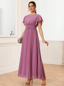 SHEIN Belle Solid Color Elegant Pleated Twisted Knot Ruffle Sleeve Bridesmaid Dress