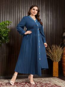 Modelyn Plus Size Women's Stylish Pleated Long Dress Long Evening Dresses - Blue - View 1