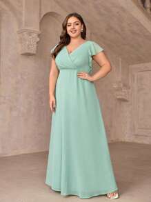 SHEIN Belle 優雅無背葉片袖伴娘禮服,流蘇吊帶,a字裙和閃亮細節,大碼 - 薄荷綠 - 查看 7