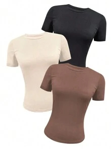 INAWLY Women's Slim Fit Ribbed Round Neck Solid Color T-Shirt - Multicolor - View 1