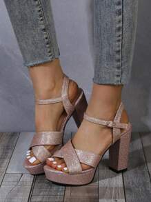 女士時尚舒適金色圓頭帶扣鞋,交叉後背帶扣,高平台,厚高跟 - 金色 - 查看 1