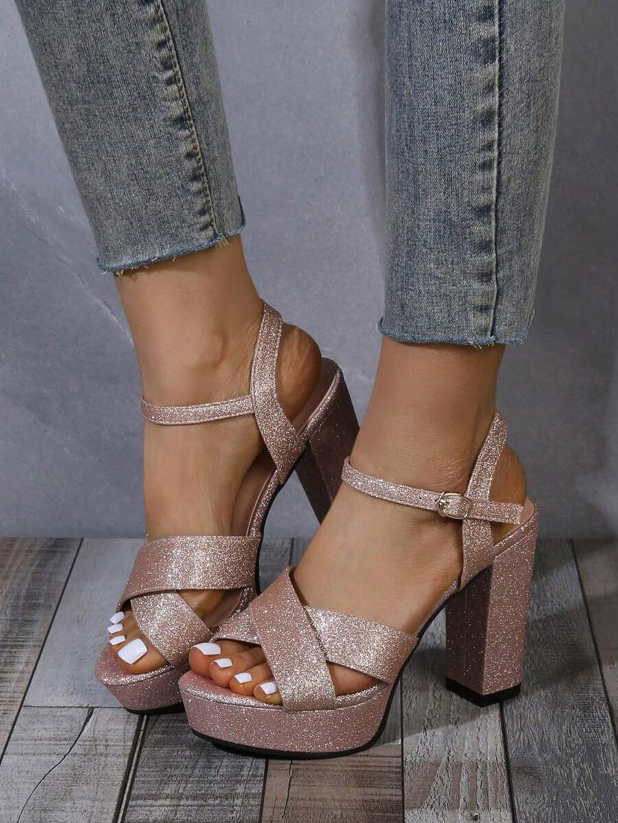 女士時尚舒適金色圓頭帶扣鞋,交叉後背帶扣,高平台,厚高跟 - 金色 - 查看 1