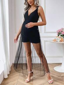 SHEIN Maternity Knotted Strap Mesh Jumpsuit - Black - View 4