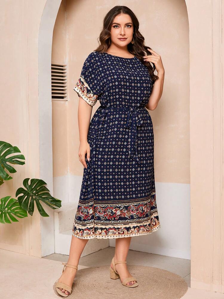 Plus Size Women's Floral Print Batwing Sleeve Dress