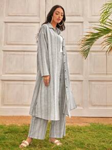 Seusyu 女士长款条纹衬衫和裤子两件套 2 件套