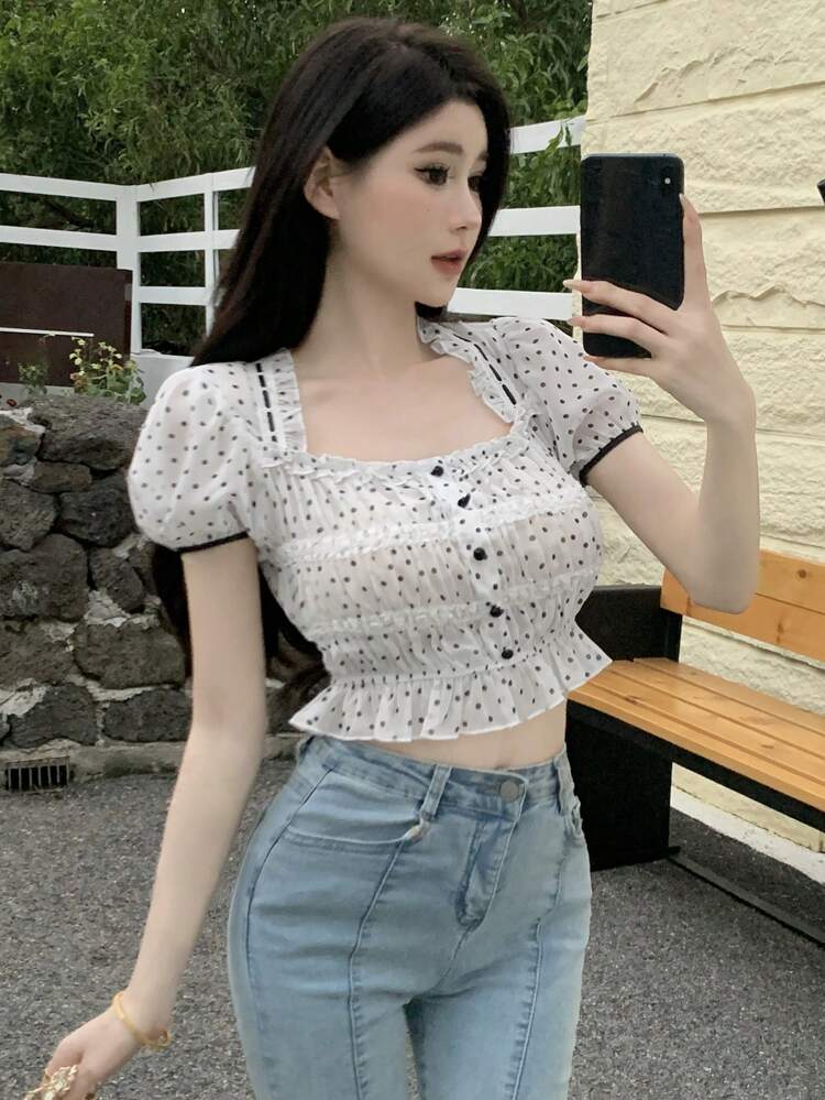 Women's Slim Fit Sheer Polka Dot Print Cropped Shirt,Ruffle Vacation Outfits Women Boho