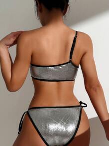 SHEIN Swim Mesh Contrast One Shoulder Bikini Set With Separated Bikini Set Summer Beach - Black - View 2