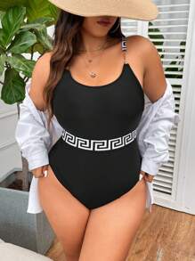 SHEIN Swim Curve Summer Beach Plus Size Geometric Print Round Neck One Piece Swimsuit - Black - View 4