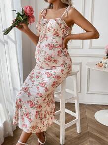 SHEIN 孕妇印花系带修身优雅吊带裙，适合度假 - 彩色 - 查看 3