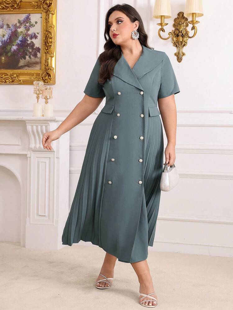 Plus Size Women's Double Breasted Short Sleeve Dress Long Evening Dresses