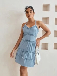 GENKIRA Solid Color Cross Back Halter Neck Frill Hem Midi Dress - Dusty Blue - View 4