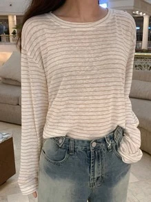 DAZY Của phụ nữ Lỏng lẻo phù hợp Thả vai Sọc Áo thun Với Khối màu Thiết kế - Màu Khaki - Xem 3