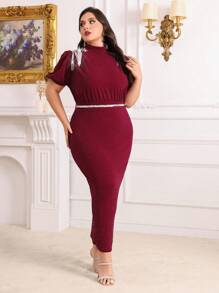 Modelyn Burgundowa czerwona sukienka plus size z frędzlami ze strasu zdobiona brokatem, cekinami, patchworkowa, dopasowana, długie suknie wieczorowe - Burgund - Zobacz 5