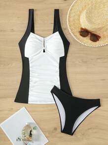 SHEIN Swim Tankini plissé blocs de couleurs d'été - Noir et Blanc - Voir 3