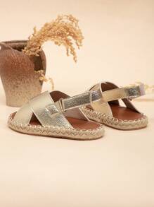 Children's Lightweight Flat Sandals With Jute String Sewing - Gold - View 5