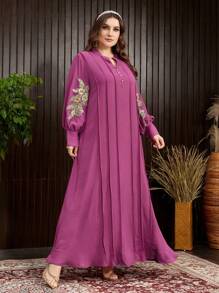 Al Najma Plus Size Gold Sticker Trim Solid Color Style Modest Long Sleeve Arabian Dresses - Hot Pink - View 5