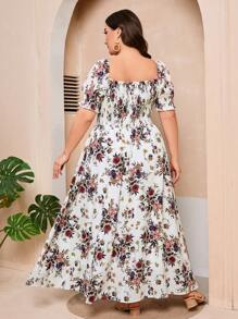 Modelyn Plus Size Square Neck Floral Printed Cinching Waist Dress - Multicolor - View 3