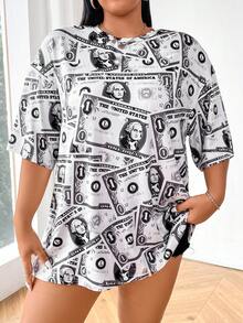 Flirla Áo thun tay ngắn in hình đô la cỡ lớn thả vai - Nhiều màu - Xem 7