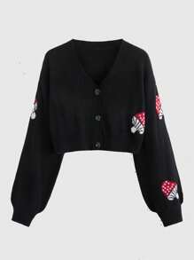 ROMWE Fairycore Mushroom Pattern Drop Shoulder Cardigan, School - Black - View 1