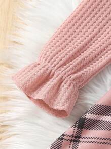 SHEIN Elladie kids 年輕女孩格子荷葉邊袖蝴蝶結前 2 合 1 連身裙 - 粉色 - 查看 3