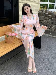 DAZY 女士印花镂空腰部喇叭袖连衣裙，秋季长袖连衣裙，度假装扮，女士复活节连衣裙，波西米亚风 - 粉色 - 查看 2