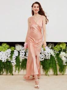MOTF PREMIUM Lụa Surplice cổ Xù Tách đùi Đầm - Màu Cam san hô - Xem 6