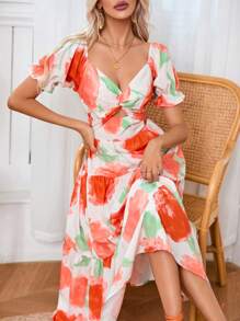 SHEIN VCAY Hoa In Ngắn tay Xoắn Nút & Pha lê Trang trí Đường viền cổ áo Đầm - Nhiều màu - Xem 6