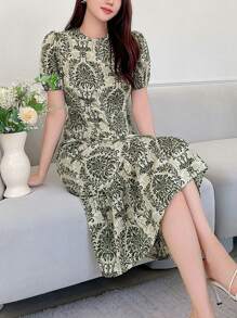 DAZY 女士短款泡泡袖印花连衣裙夏季吊带裙度假装复活节女装 - 綠色 - 查看 4