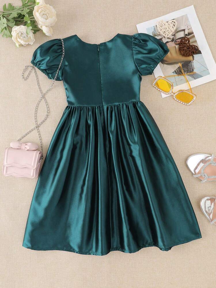 Young Girls' Ribbon Splice Puff Sleeve Dress