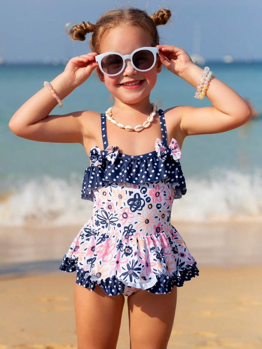 年輕女孩波點和花卉印花連體泳衣,拼接細節設計 - 彩色 - 查看 1