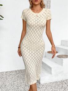 短袖修身镂空罩衫连衣裙 夏季 - 杏色 - 查看 4