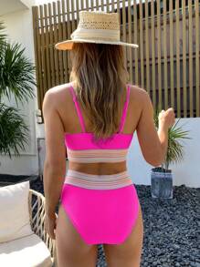 SHEIN Swim Summer Beach Colorblock Bikini Set Contrast Trim Cami Top & High Waist Bikini 2-Piece Bikini Set - Hot Pink - View 2