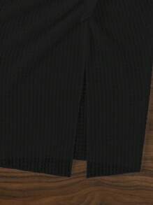 SHEIN Swim Women's Plain Cable-Knit One-Piece Swimsuit And Split Cover Up Skirt 2pcs/Set, For Vacation, Travel, Festival, Swimming Pool, Surfing,Summer Beach - Black - View 6