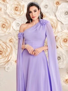 Modelyn Solid Color 3d Flowers Asymmetrical Neckline & Drawstring Waist Dress - Mauve Purple - View 1