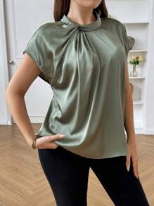 Vionelle Plus Size Solid Color Twist Knot Casual Blouse - Army Green - View 4