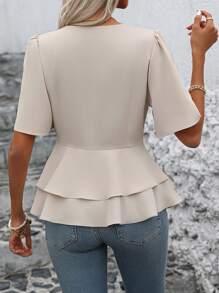 SHEIN LUNE 女士纯色 V 领荷叶边泡泡短袖衬衫荷叶边上衣 - 卡其色 - 查看 2