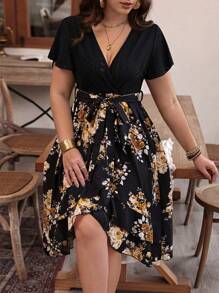 SHEIN Clasi 加大码花卉印花拼布荷叶边裹身长裙女装 - 彩色 - 查看 1