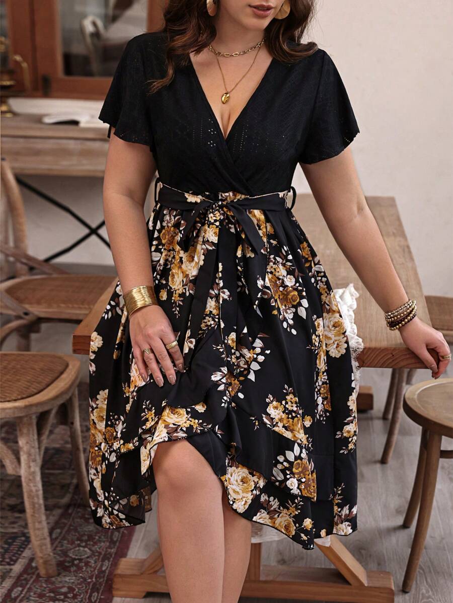 SHEIN Clasi 加大码花卉印花拼布荷叶边裹身长裙女装 - 彩色 - 查看 1