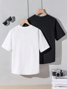 SHEIN 2 Miếng Cậu bé Tween Lỏng lẻo Phù hợp Ngắn tay Màu thuần Dệt Áo sơ mi Với Mở Vòng cổ , Ngày lễ Phong cách - Nhiều màu - Xem 2