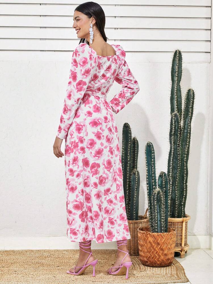 Women'S Floral Print Leg-Of-Mutton Sleeve Dress