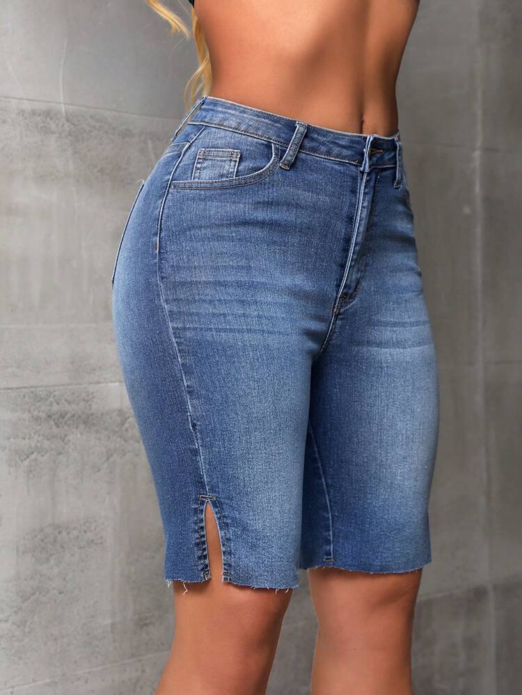 Women's Denim Shorts With Frayed Hem And Side Split Design