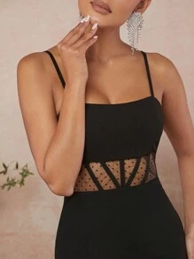 L'Amorae Vestito a camicia con pannello in rete a pois e balze sull'orlo - nero - Visualizzare 5