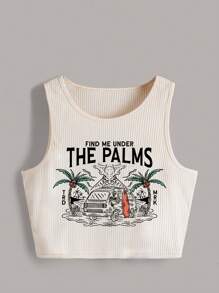 Folluther Letter Graphic Ribbed Tank Top, School - Apricot - View 1