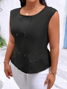 Calvaya Plus Size Women's Solid Color Double-Breasted Button Down Shirt - Black - View 3